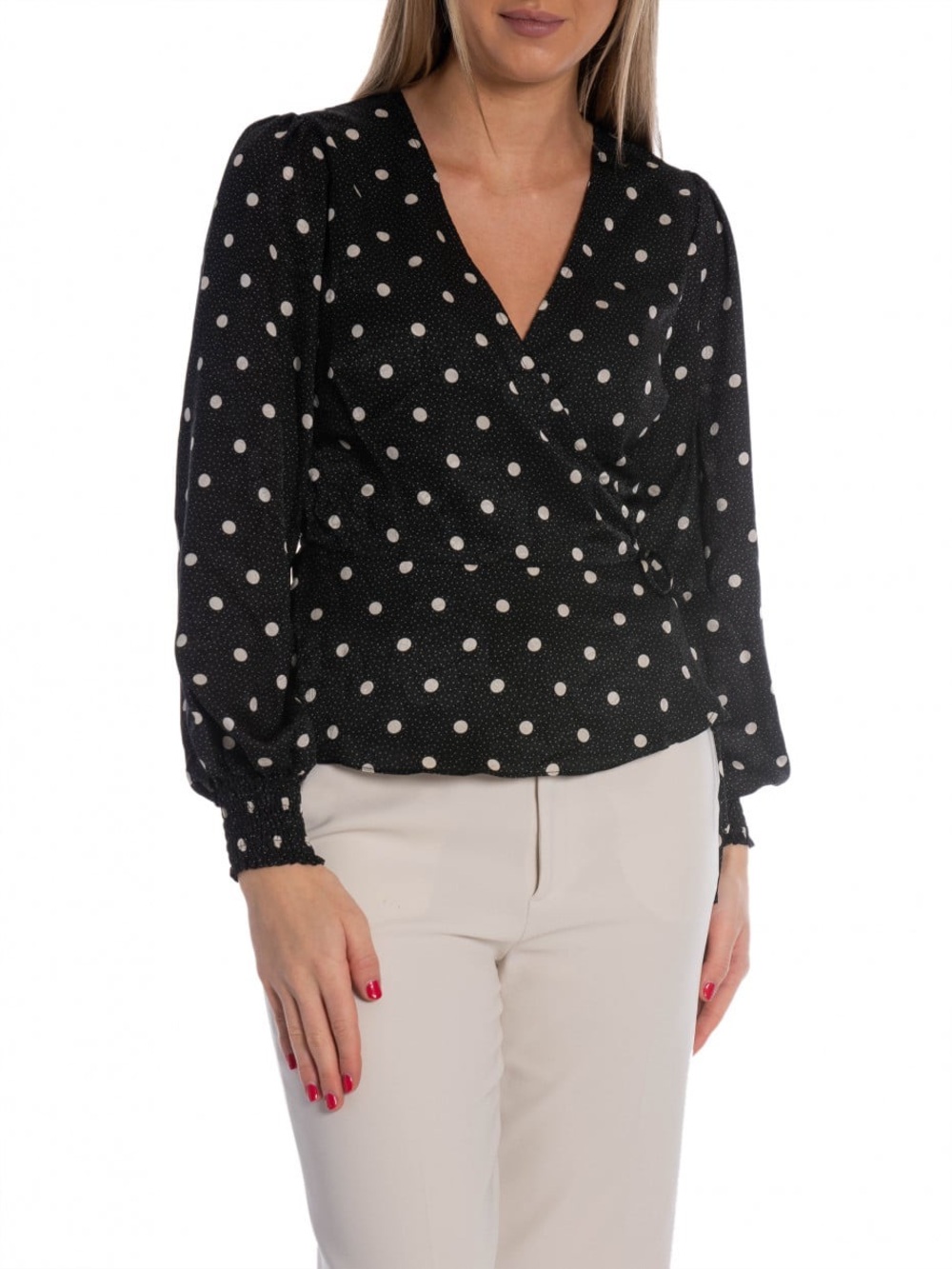 Neo Noir Merry Retro Dot Blouse Black Polka Dot Wrap Top Retro Romantic EU36/S